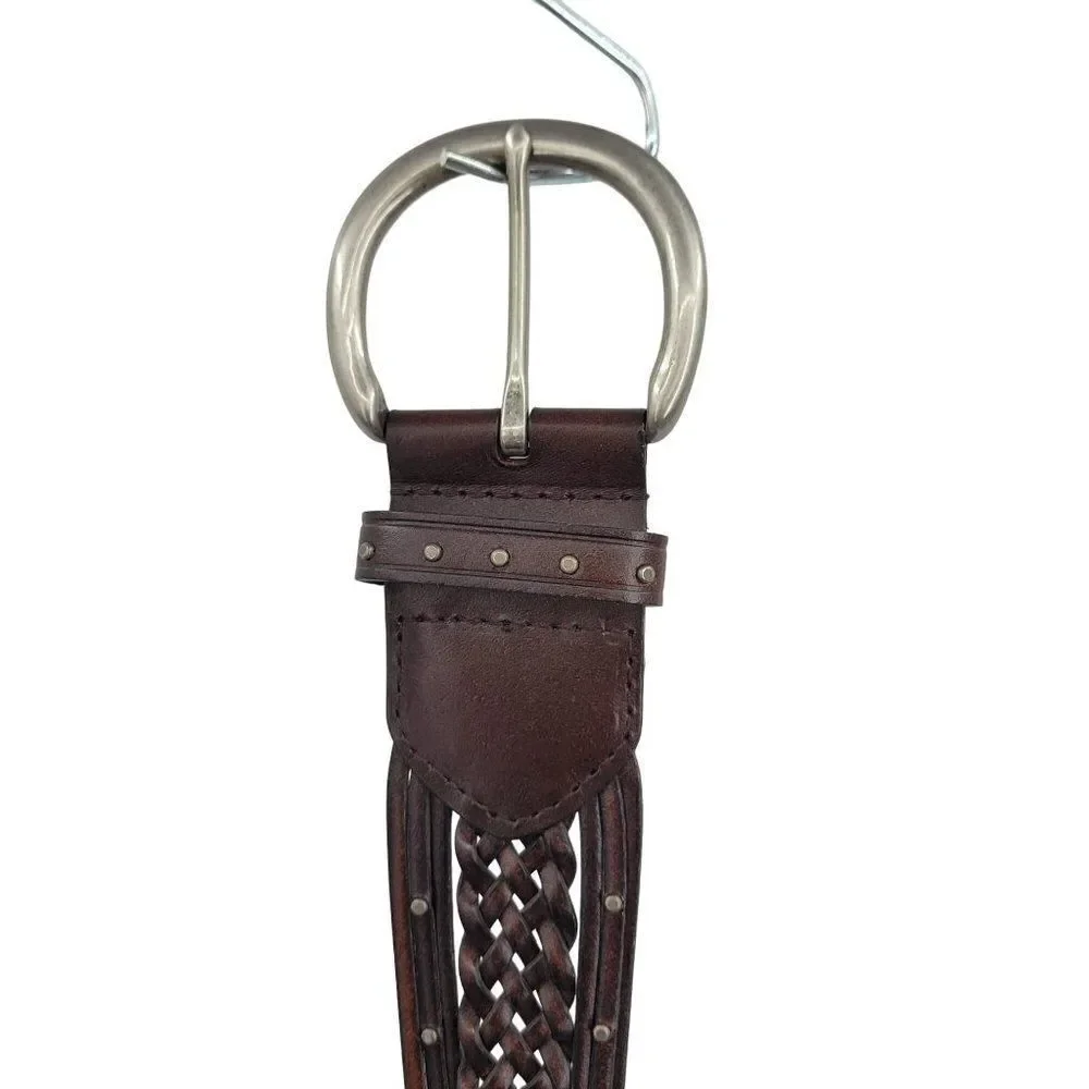 Esprit Womens Belt L Dark Brown Wicker Woven Braided‎ Silver Buckle Studded